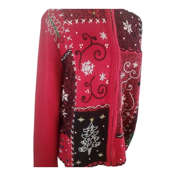 Vtg Christmas Erika Zip-Up Beaded Red Holiday Cardigan Sweater Women's Large - Picture 2 of 5